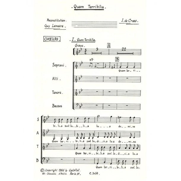 Croes/Lemaire Quam Terribilia Satb A Cappella Choral