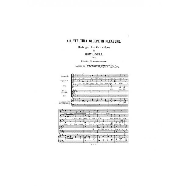 Lichfield, H All Yee That Sleepe In Pleasure Ssatb