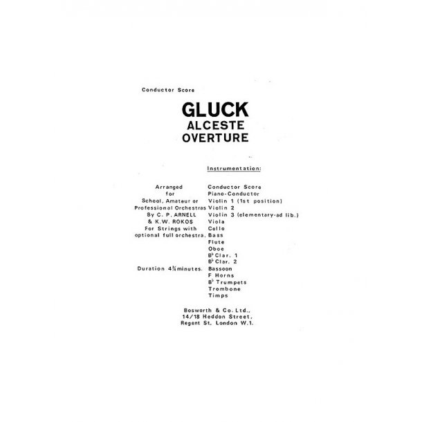 Gluck, W Alceste Overture Rokos Arnell Orch (Ma) Sc/Pts