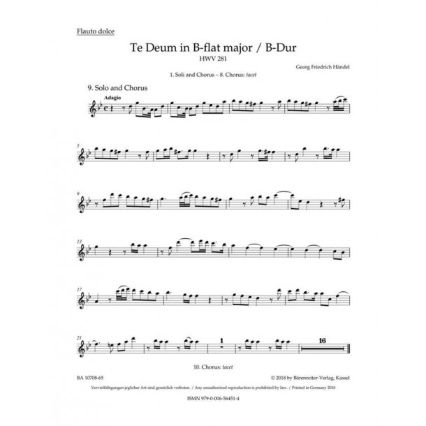Te Deum (Cannons) B-flat major : Chandons Te Deum HWV 281