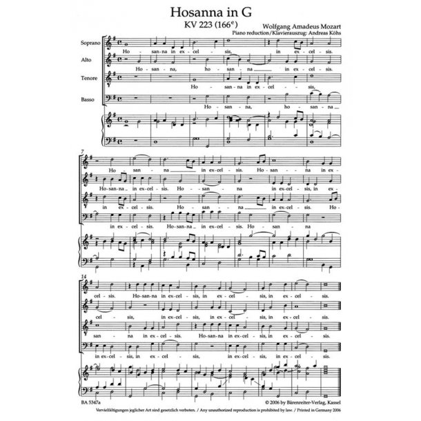 Hosanna In G Kv 223 (166E) Satb