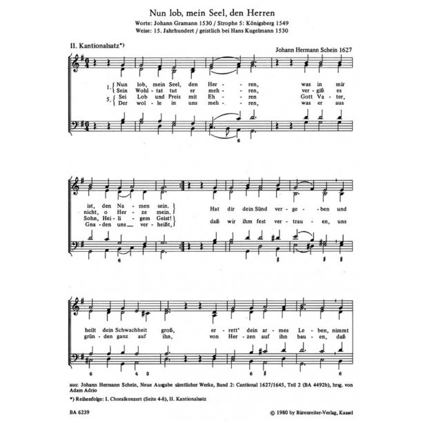 Nun lob, mein Seel, den Herren : Choralkonzert f&uuml;r 2 Soprane und Bc und Kantionalsatz f&uuml;r Chor SATB, Folgestrophen beigegeben