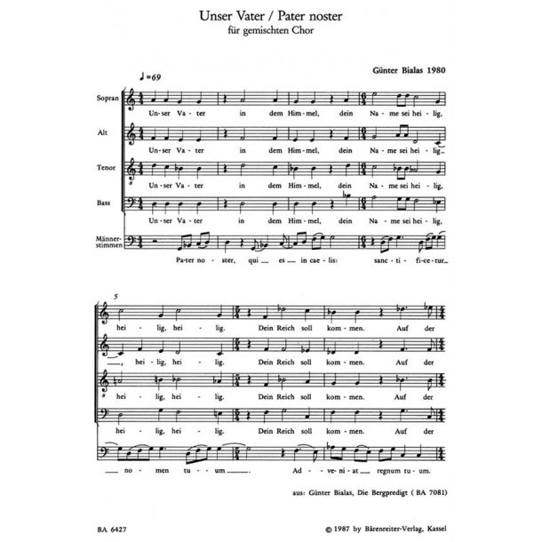 Unser Vater : Gemischter Chor [deutsch], M&auml;nnerchor [lateinisch], Solofrauenstimme ad lib