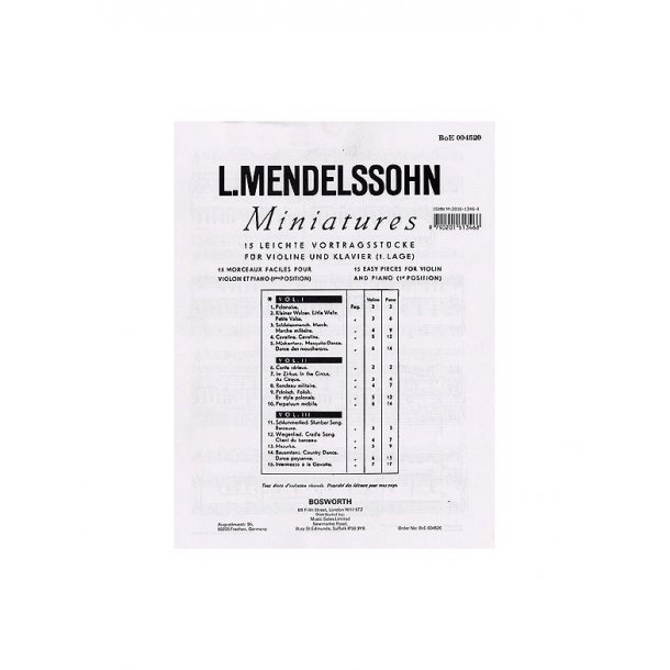 Mendelssohn: 15 Miniatures For Violin And Piano Vol.1