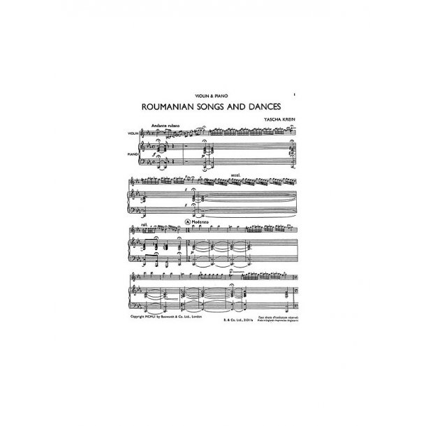 Yasha Krein: Roumanian Songs And Dances (Violin/Piano)