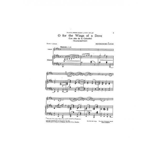 Felix Mendelssohn: O For The Wings Of A Dove (Violin/Piano)