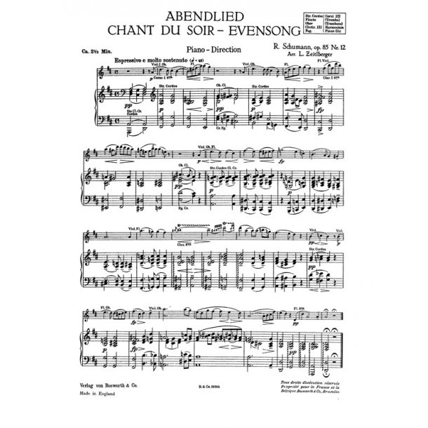 Schumann, R Evensong Abendlied Op.85 (Zeitlberger) Orch Pf Sc/Pts