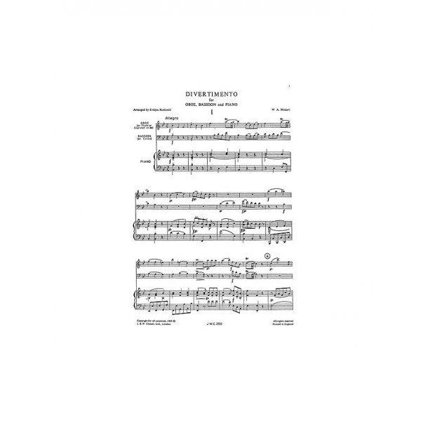 W.A. Mozart: Divertimento (Oboe/Bassoon/Piano Score/Parts)