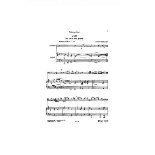 Lennox Berkeley: Duo Op.81 No.1 For Cello And Piano