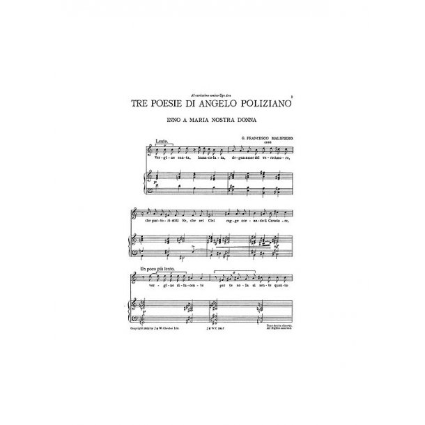 Malipiero: Three Poesie Di Angelo Poliziano for High Voice with Piano acc.