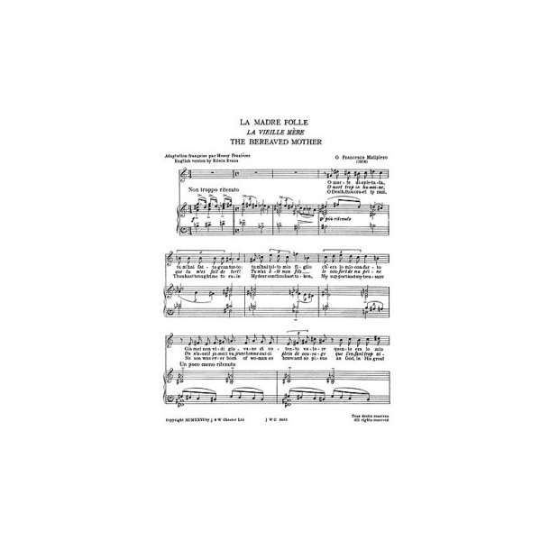 Malipiero: The Bereaved Mother From Sette Canzoni for Soprano Solo with Piano acc.