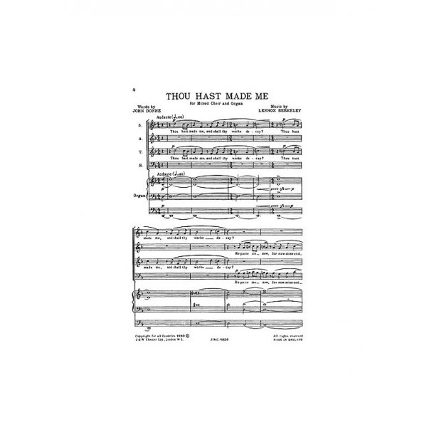 Lennox Berkeley: Thou Hast Made Me Op.55 No.1 for SATB Chorus