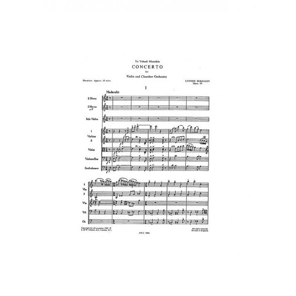 Lennox Berkeley: Concerto For Violin And Chamber Orchestra Op.59 (Score)