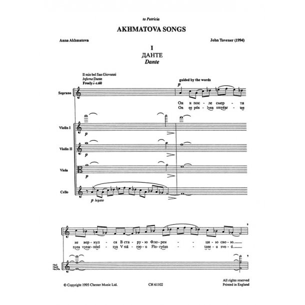 John Tavener: Akhmatova Songs (Score)