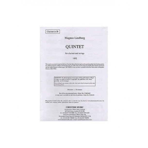 Magnus Lindberg: Quintet For Clarinet And Strings (Parts)