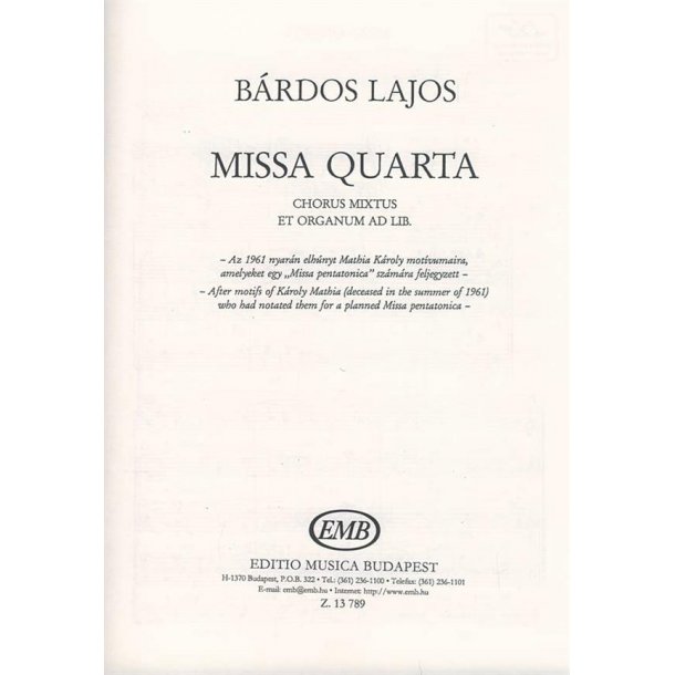 Missa Quarta F&uuml;r Gem. Chor Und Orgel