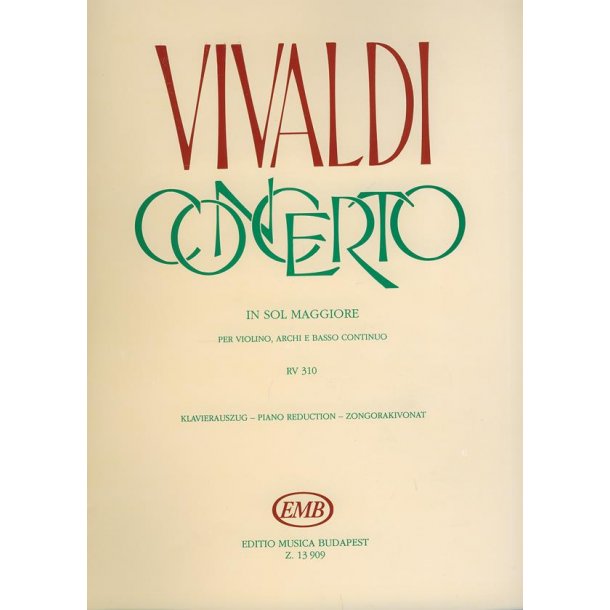 Concerto in sol maggiore per violino e pianoforte : per violino, archi e basso continuo RV 310 (F. I. 173, P.V. 96)