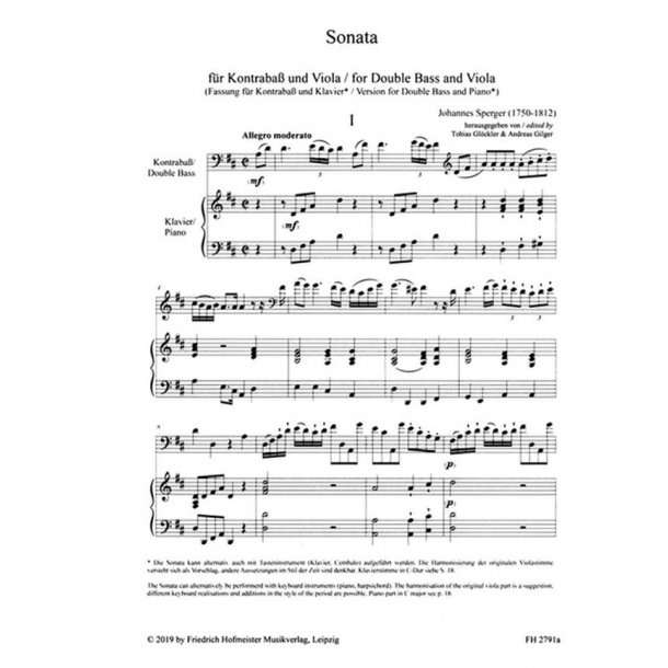 Sonata f&uuml;r Kontrabass und Viola : Fassung f&uuml;r Kontrabass und Klavier in C- und D-Dur
