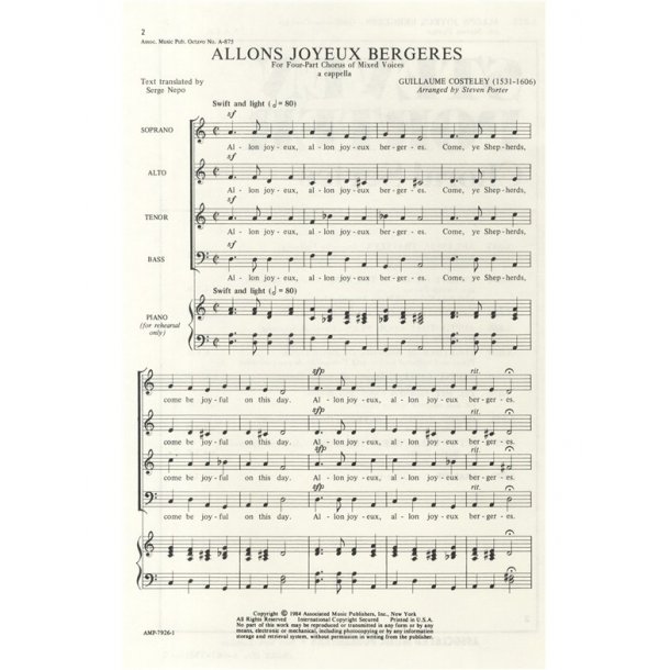 Guillaume Costeley: Allons Joyeux Bergeres (Arr. Steven Porter)