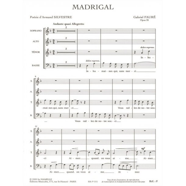 Gabriel Faur&eacute;: Madrigal Op.35 (TB Chorus Part) (Choral-Mixed accompanied)
