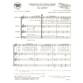 Brassens Georges Chansons De Notre Temps La Priere (Bereau) 4 Part Bk