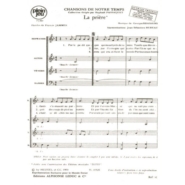 Brassens Georges Chansons De Notre Temps La Priere (Bereau) 4 Part Bk