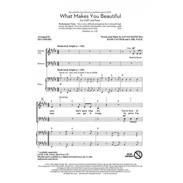 ONE DIRECTION WHAT MAKES YOU BEAUTIFUL (LOJESKI ED) SAB CHORAL