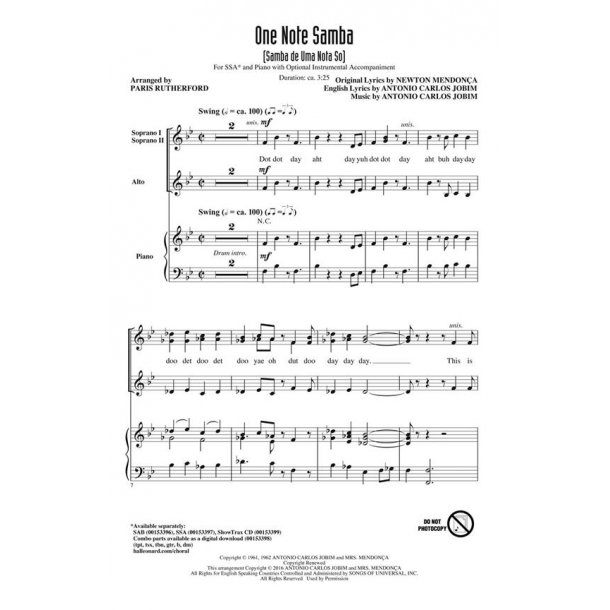 Antonio Carlos Jobim: One Note Samba (Arr. Rutherford) (SSA)