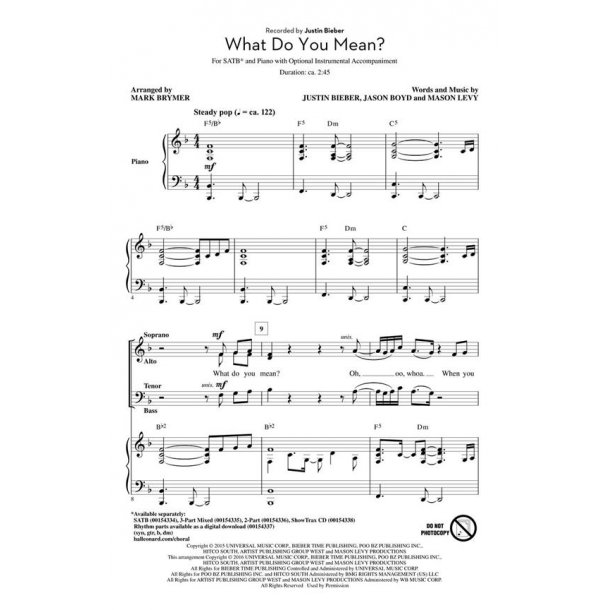 Justin Bieber: What Do You Mean (Arr. Brymer) (ShowTrax CD)
