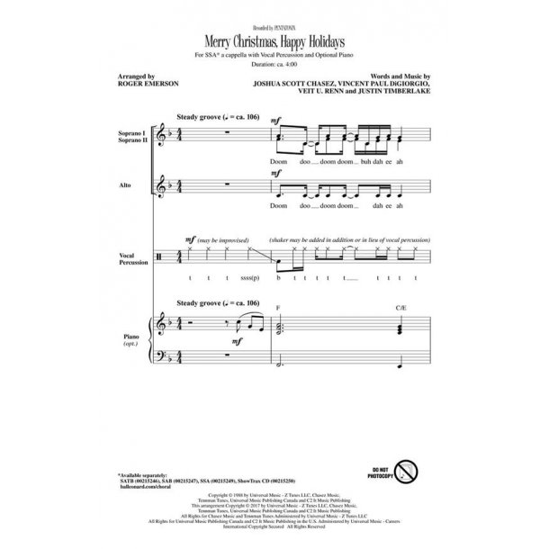 Pentatonix: Merry Christmas, Happy Holidays (Arr. Emerson) (SSA)