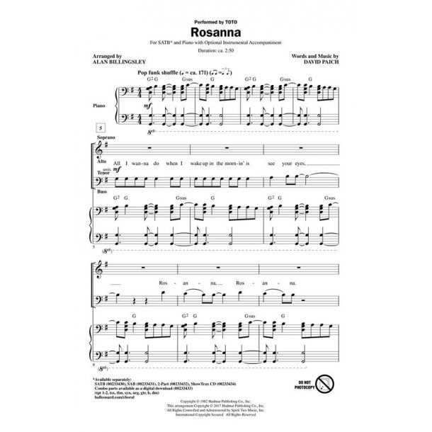 Toto: Rosanna (Arr. Billingsley) (ShowTrax CD)