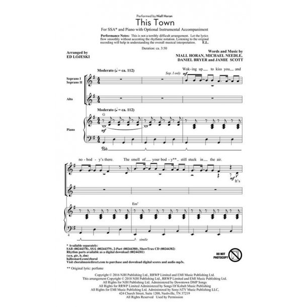 Niall Horan: This Town (Arr. Lojeski) (SSA)