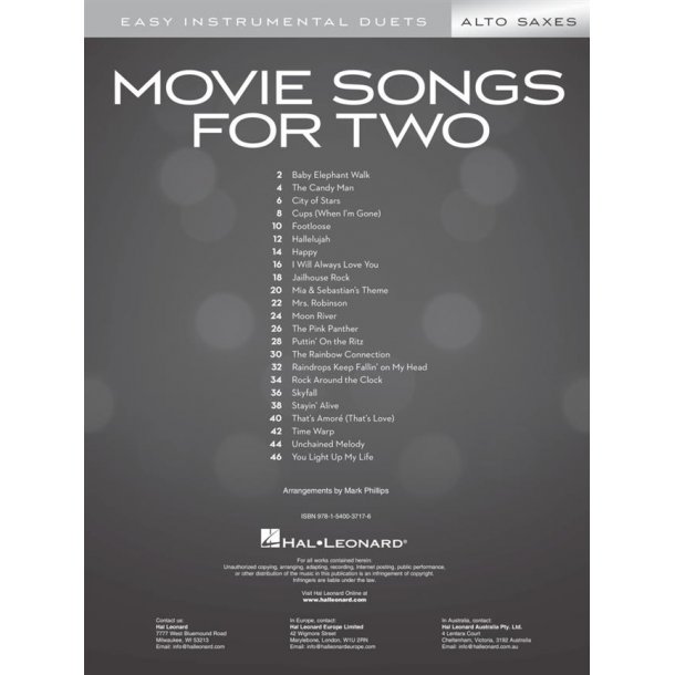 Movie Songs for Two Alto Saxes : Easy Instrumental Duets
