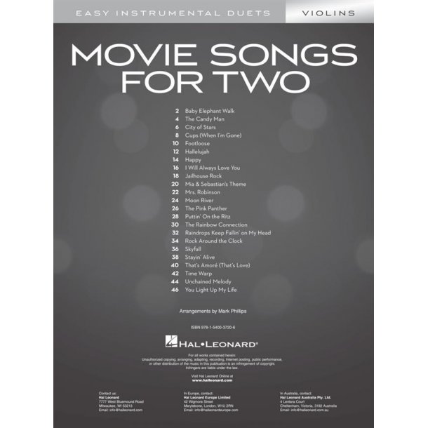 Movie Songs for Two Violins : Easy Instrumental Duets