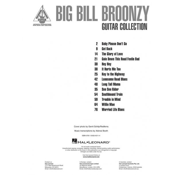 Big Bill Broonzy Guitar Collection : Guitar Recorded Versions Authentic Transcriptions with Notes and Tab