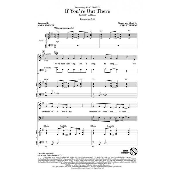 John Legend: If You're Out There (Arr. Brymer) (SAB)