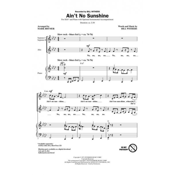 WITHERS BILL AIN'T NO SUNSHINE (BRYMER MARK) SSA CHORAL
