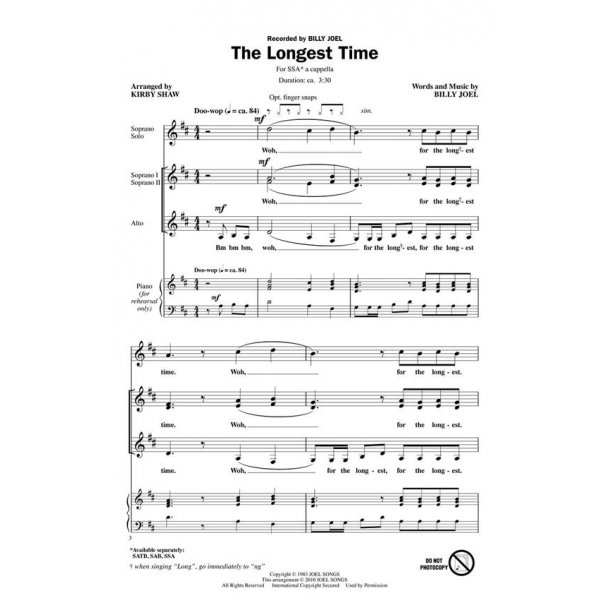 JOEL BILLY THE LONGEST TIME (SHAW KIRBY) SSA A CAPPELLA CHORAL