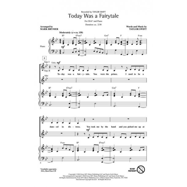 Taylor Swift: Today Was A Fairytale (Arr. Brymer) (ShowTrax CD)
