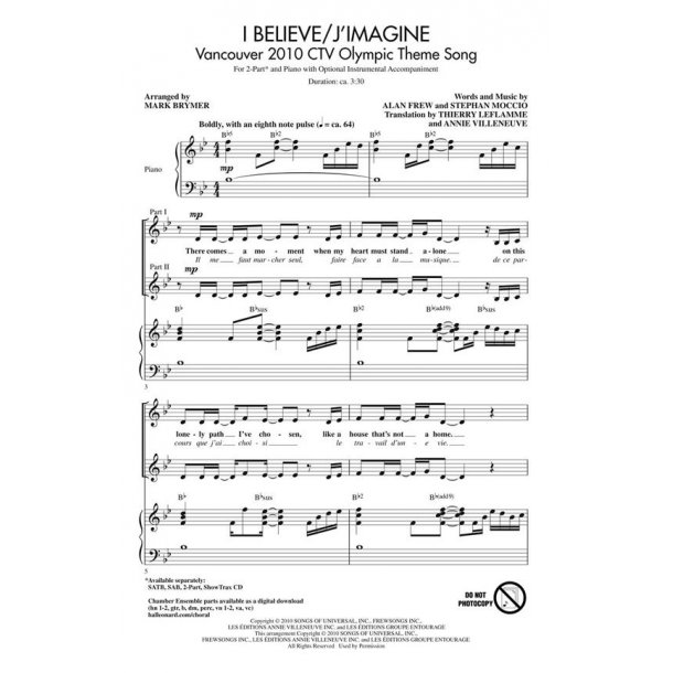 I BELIEVE / J'IMAGINE (BRYMER MARK) 2 PART CHORAL