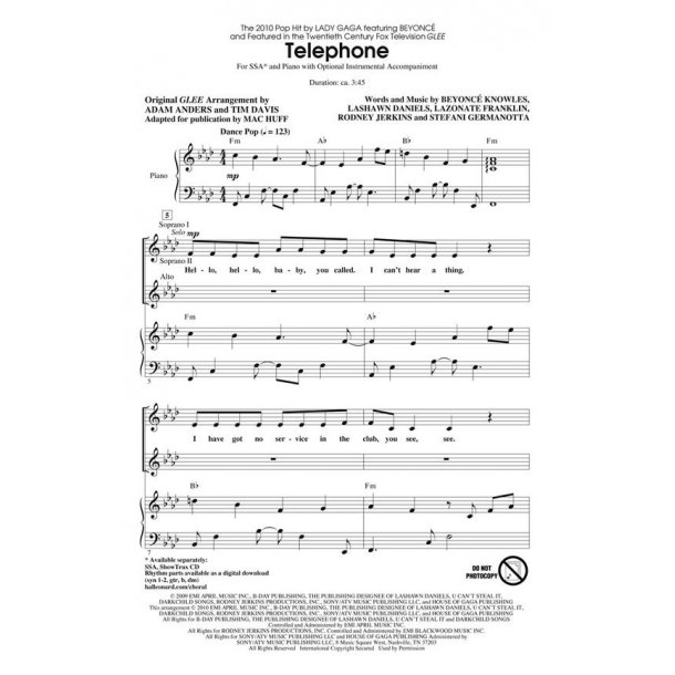 Glee: Telephone (Arr. Tim Davis/Adam Anders) (ShowTrax CD)