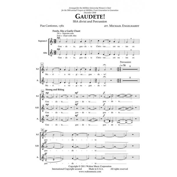 Gaudete (Arr Engelhardt Michael) Ssa & Percussion Full Score & Part