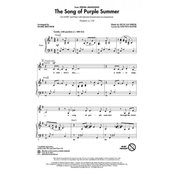 Duncan Sheik: The Song Of Purple Summer (Arr. Brymer) (ShowTrax CD)