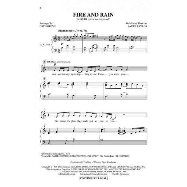James Taylor: Fire And Rain (Arr. Gilpin) (ShowTrax CD)
