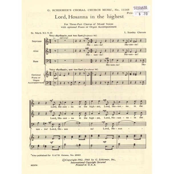 Lord Hosanna In The Highest St (Sab- With Optional Pia No Or Organ)
