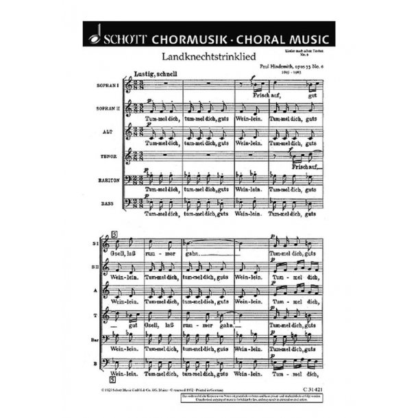 Lieder nach alten Texten op. 33 : 6. Landsknechtstrinklied Tummel dich, guts Weinlein