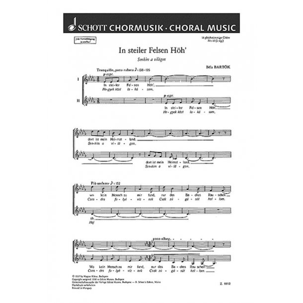 18 Chorlieder : 10. In steiler Felsen Hoh' - Senkim a vilagon