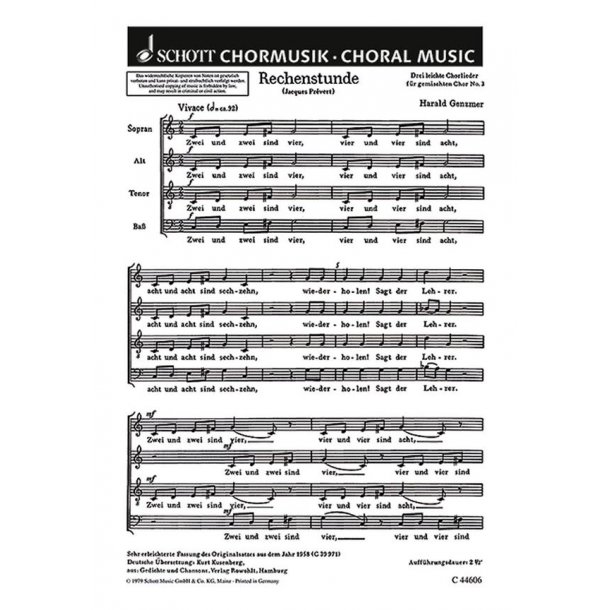 Drei leichte Chorlieder GeWV 20 : Nr. 3 Rechenstunde