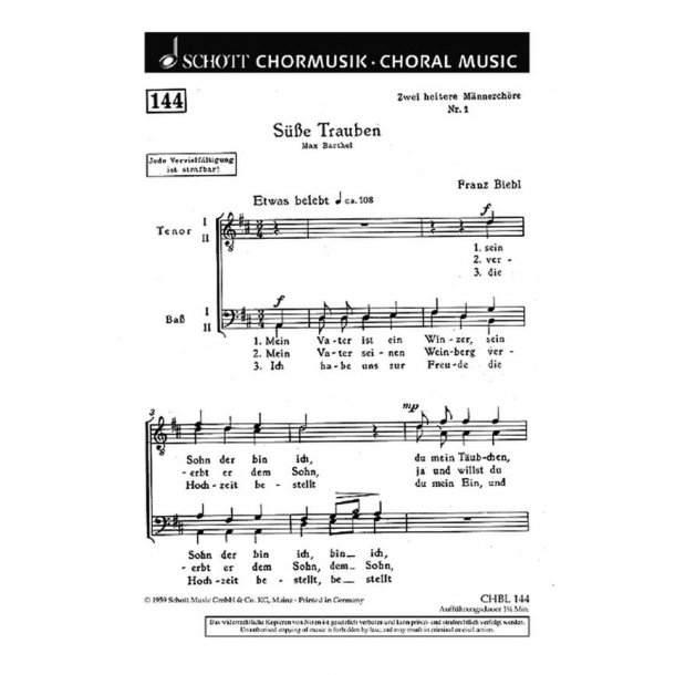 Zwei heitere Mannerchore : 1. Suse Trauben Mein Vater ist ein Winzer