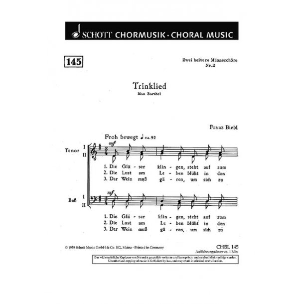 Zwei heitere Mannerchore : 2. Trinklied Die Glaser klingen